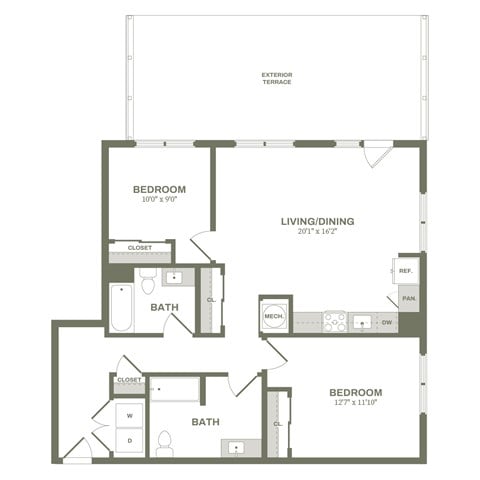 Floor plan for 2 beds, 2 baths, 979 sqft